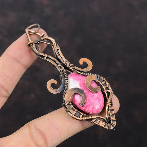 Thulite Oval Pink Handmade Copper Wire Wrapped Pendant
