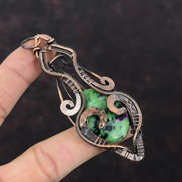 Ruby Zoisite Oval Green Handmade Copper Wire Wrapped Pendant
