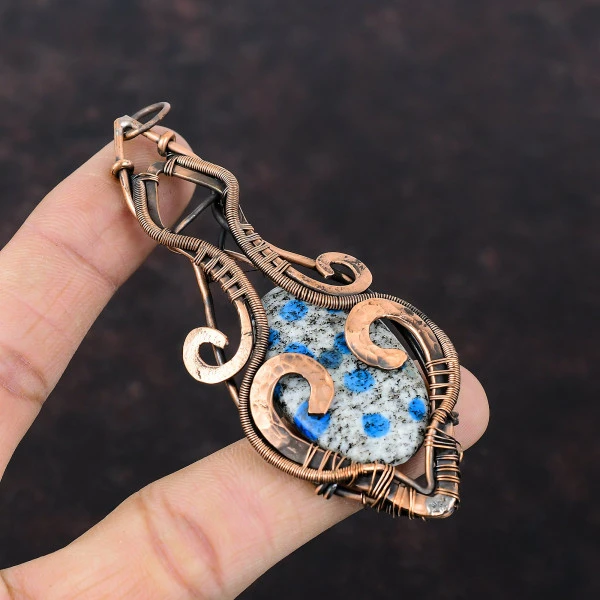 K2 Jasper Oval Blue Handmade Copper Wire Wrapped Pendant