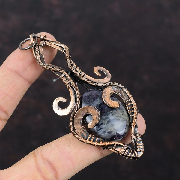 Iolite Sunstone Oval Blue Handmade Copper Wire Wrapped Pendant