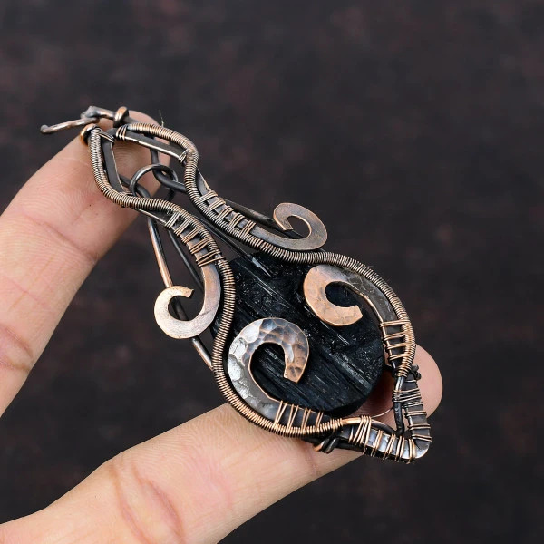 Black Tourmaline Rough Oval Black Handmade Copper Wire Wrapped Pendant