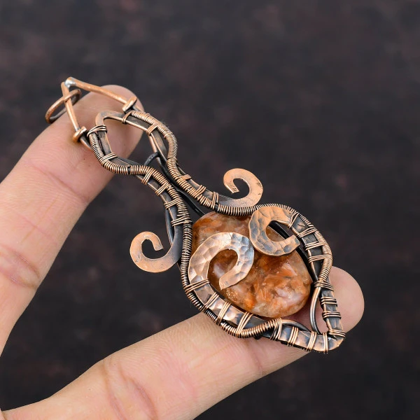 Sunstone Oval Orange Handmade Copper Wire Wrapped Pendant