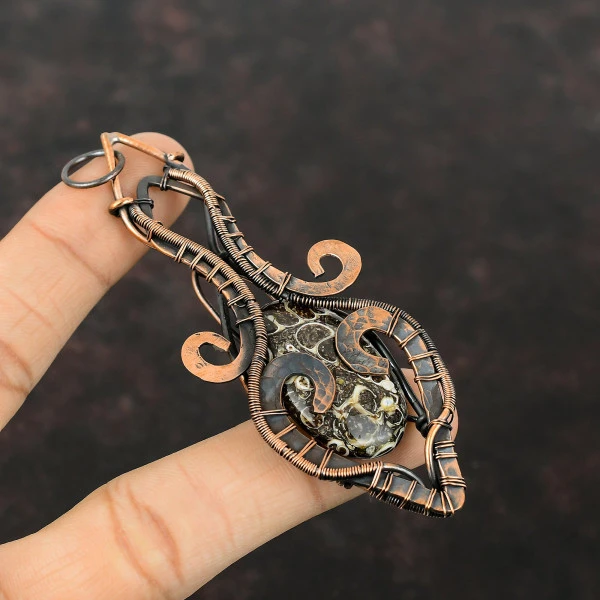 Turritella Agate Oval Brown Handmade Copper Wire Wrapped Pendant
