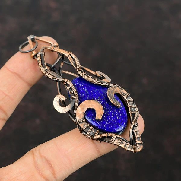 Lapis Lazuli Oval Blue Handmade Copper Wire Wrapped Pendant