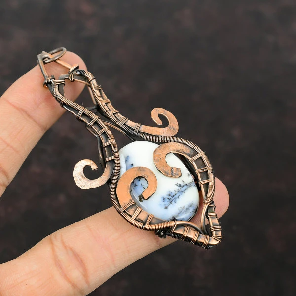Dendrite Opal Oval White Handmade Copper Wire Wrapped Pendant