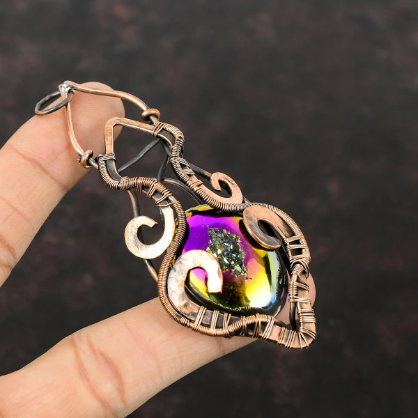 Titanium Druzy Oval Pink Handmade Copper Wire Wrapped Pendant