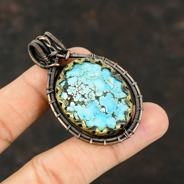 Tibetan Turquoise Oval Blue Handmade Copper Wire Wrapped Pendant