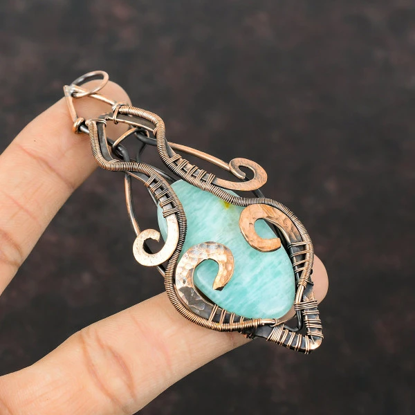 Amazonite Oval Green Handmade Copper Wire Wrapped Pendant