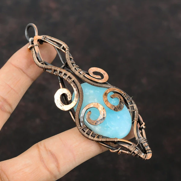Hemimorphite Oval Blue Handmade Copper Wire Wrapped Pendant