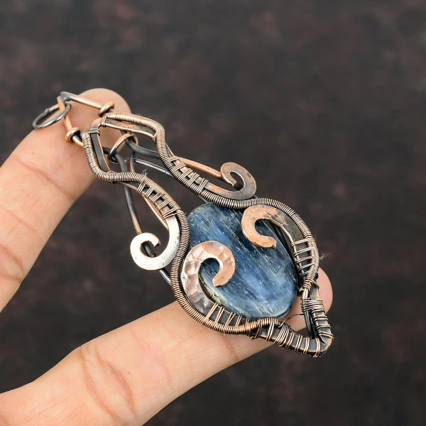 Kyanite Oval Blue Handmade Copper Wire Wrapped Pendant