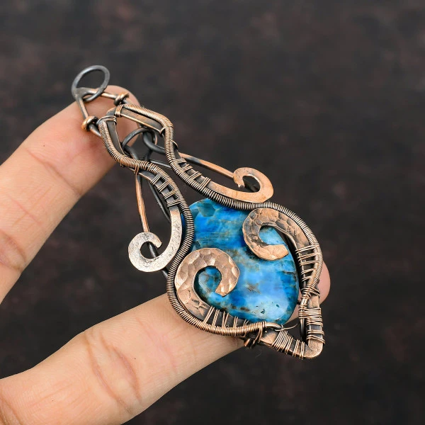 Neon Apatite Oval Blue Handmade Copper Wire Wrapped Pendant