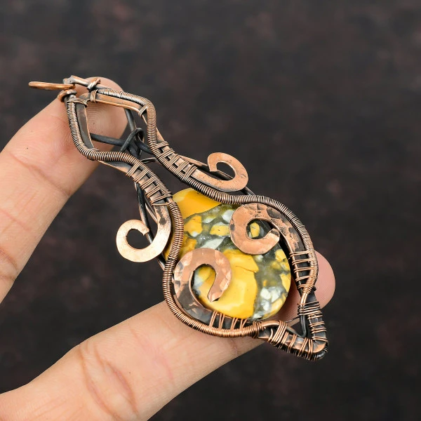 Maligano Jasper Oval Yellow Handmade Copper Wire Wrapped Pendant