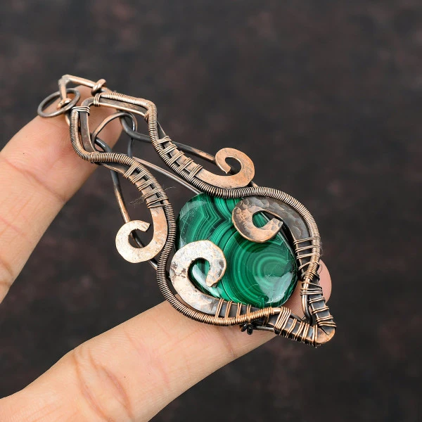 Malachite Oval Green Handmade Copper Wire Wrapped Pendant