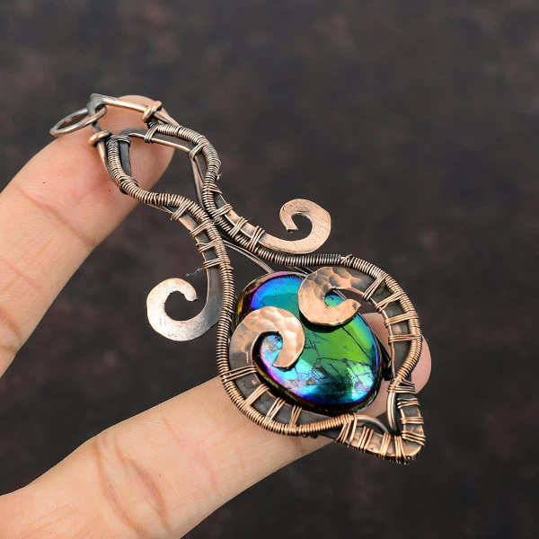Mystic Fire Labradorite Oval Green Handmade Copper Wire Wrapped Pendant