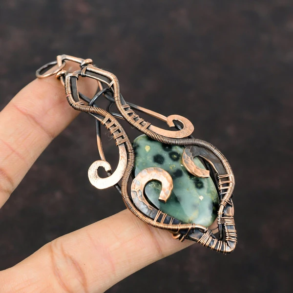 Ocean Jasper Oval Green Handmade Copper Wire Wrapped Pendant