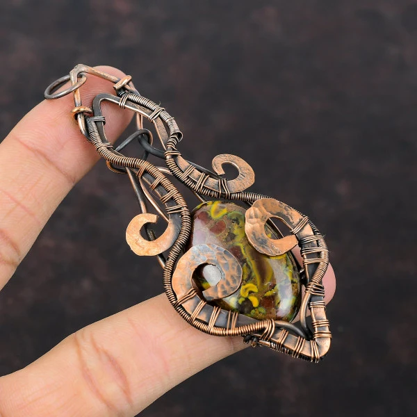 Fruit Jasper Oval Brown Handmade Copper Wire Wrapped Pendant