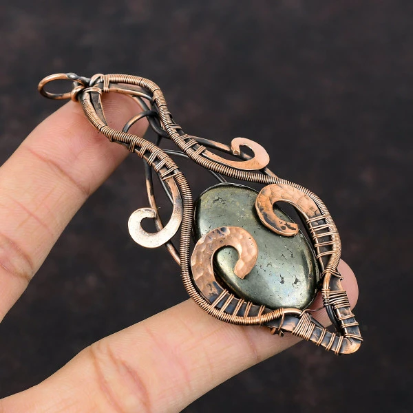 Pyrite Oval Gold Handmade Copper Wire Wrapped Pendant