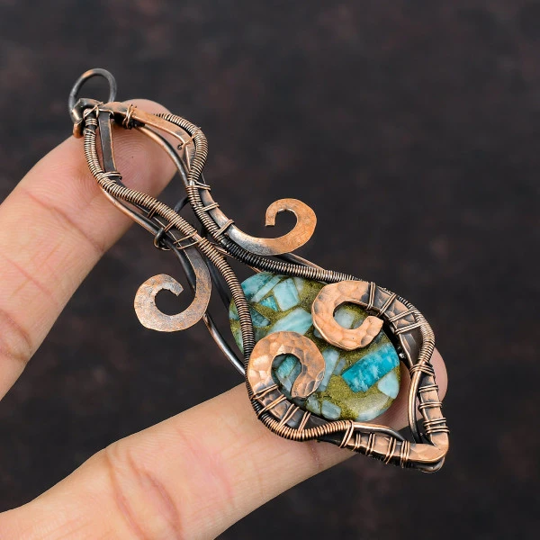 Copper Amazonite Oval Green Handmade Copper Wire Wrapped Pendant