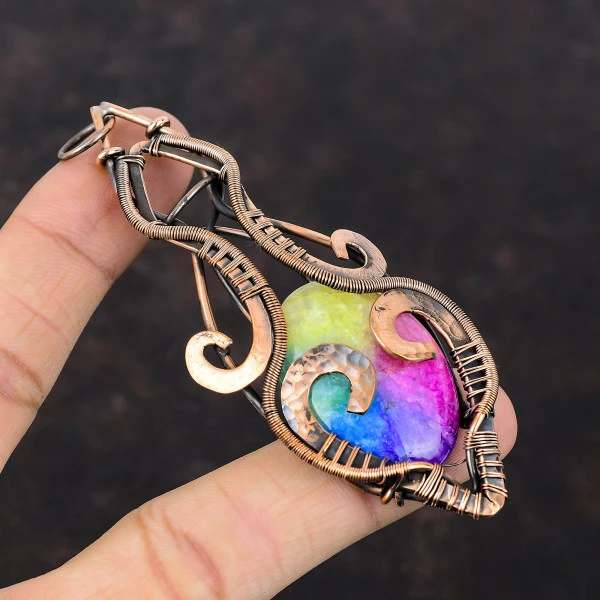 Rainbow Solar Quartz Druzy Oval Pink Handmade Copper Wire Wrapped Pendant