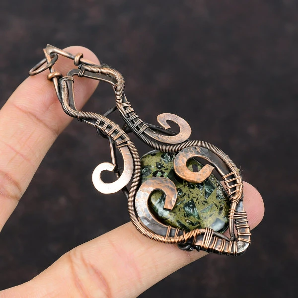 Copper Seraphinite Oval Green Handmade Copper Wire Wrapped Pendant