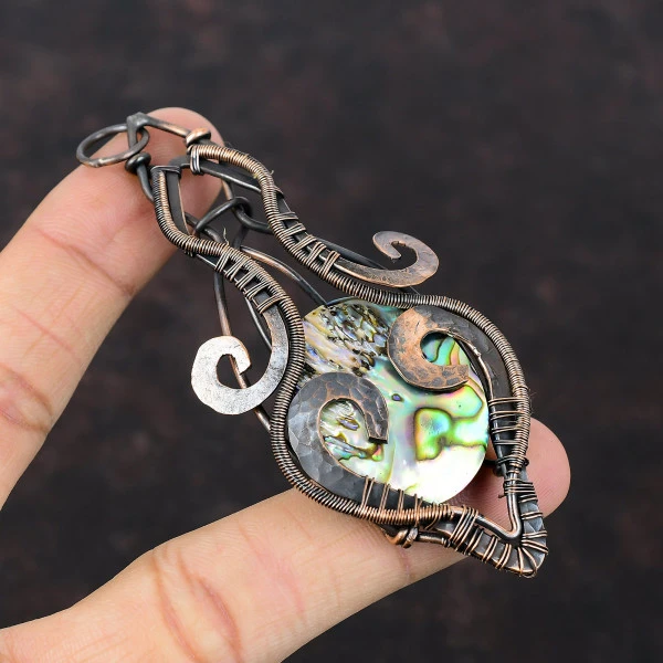 Abalone Shell Oval Green Handmade Copper Wire Wrapped Pendant