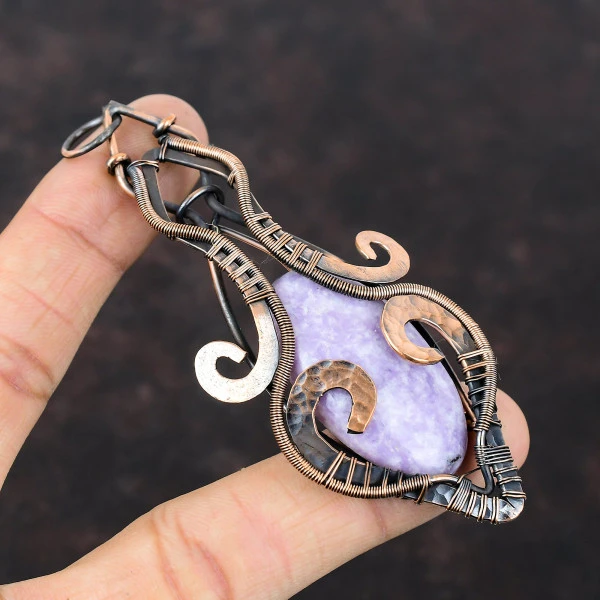 Lepidolite Oval Purple Handmade Copper Wire Wrapped Pendant