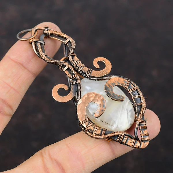 Plume Agate Oval Yellow Handmade Copper Wire Wrapped Pendant