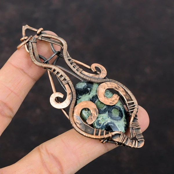 Kambaba Jasper Oval Green Handmade Copper Wire Wrapped Pendant