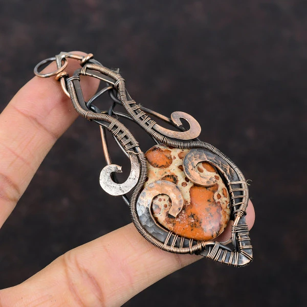 Asteroid Jasper Oval Red Handmade Copper Wire Wrapped Pendant