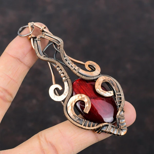 Red Fire Labradorite Oval Red Handmade Copper Wire Wrapped Pendant