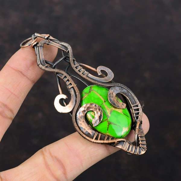 Copper Green Turquoise Oval Green Handmade Copper Wire Wrapped Pendant