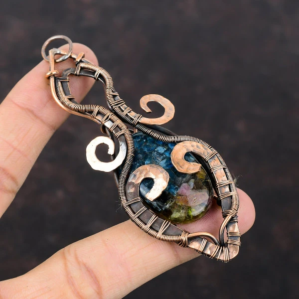 Watermelon Tourmaline Oval Blue Handmade Copper Wire Wrapped Pendant