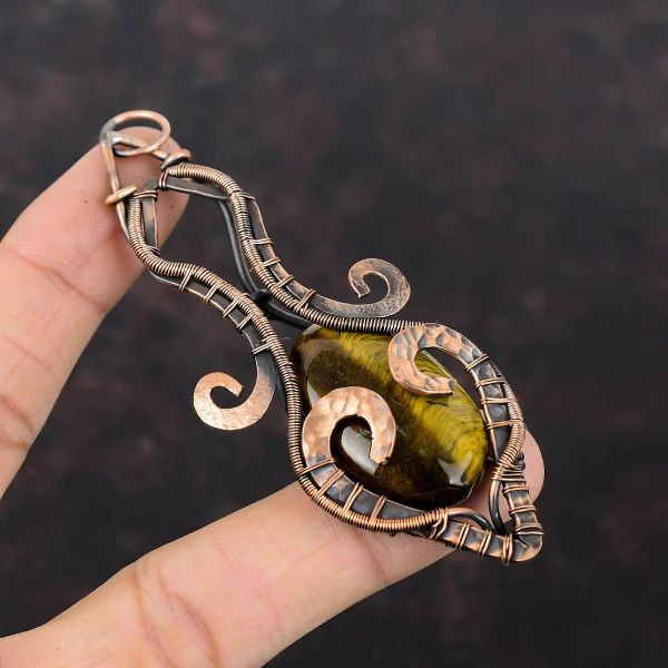 Tiger's Eye Oval Brown Handmade Copper Wire Wrapped Pendant