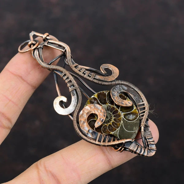 Ammonite Fossil Pear Brown Handmade Copper Wire Wrapped Pendant