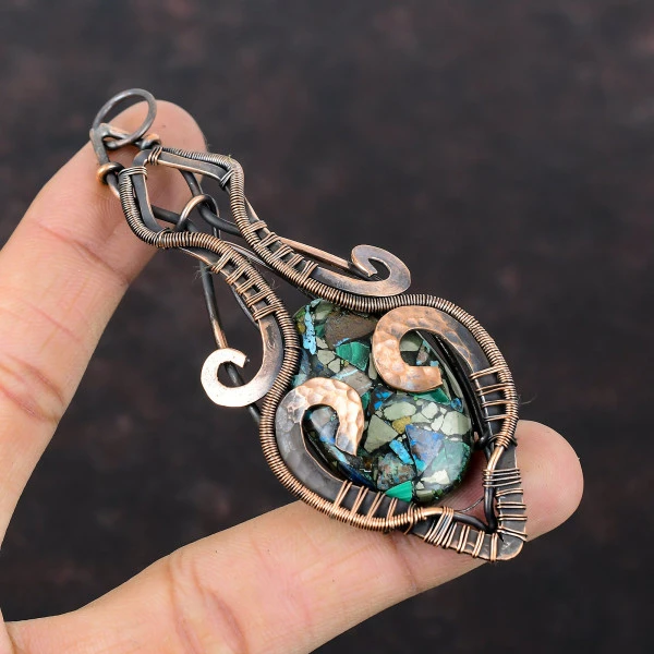 Copper Azurite Malachite Oval Green Handmade Copper Wire Wrapped Pendant
