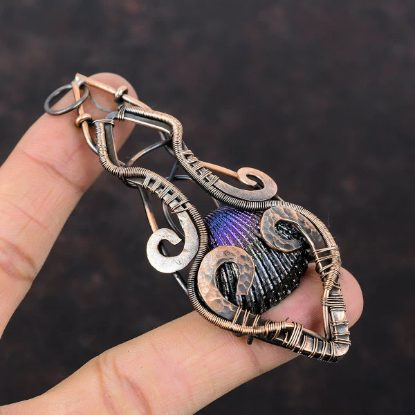 Titanium Coated Shell Pear Black Handmade Copper Wire Wrapped Pendant