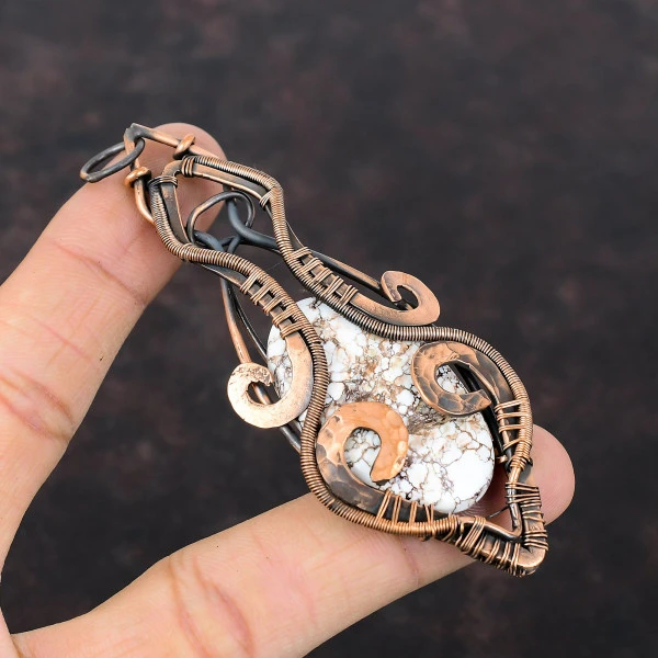 Wild Horse Magnesite Oval White Handmade Copper Wire Wrapped Pendant
