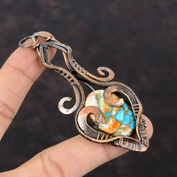 Spiny Oyster Copper Turquoise Oval Orange Handmade Copper Wire Wrapped Pendant