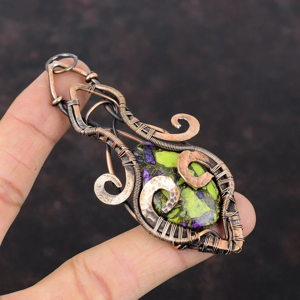 Copper Stichtite Oval Green Handmade Copper Wire Wrapped Pendant