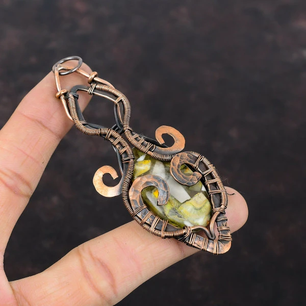 Copper Bumble Bee Jasper Oval Yellow Handmade Copper Wire Wrapped Pendant