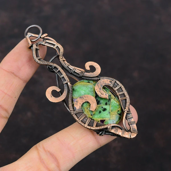 Copper Ruby Zoisite Oval Green Handmade Copper Wire Wrapped Pendant