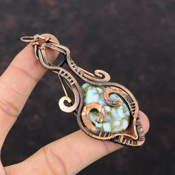 Copper Larimar Oval Blue Handmade Copper Wire Wrapped Pendant