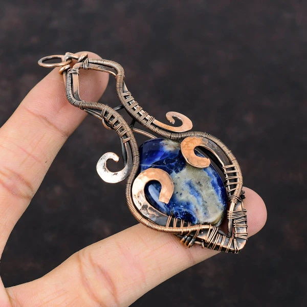 Sodalite Oval Blue Handmade Copper Wire Wrapped Pendant
