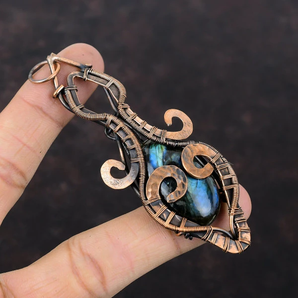 Labradorite Oval Gray Handmade Copper Wire Wrapped Pendant