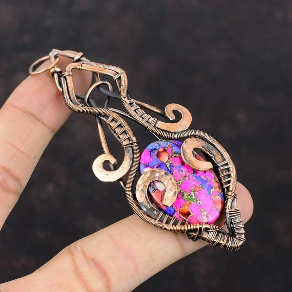 Natural Kingman Pink Dahlia Turquoise Oval Pink Handmade Copper Wire Wrapped Pendant
