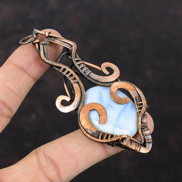 Owyhee Blue Opal Oval Blue Handmade Copper Wire Wrapped Pendant