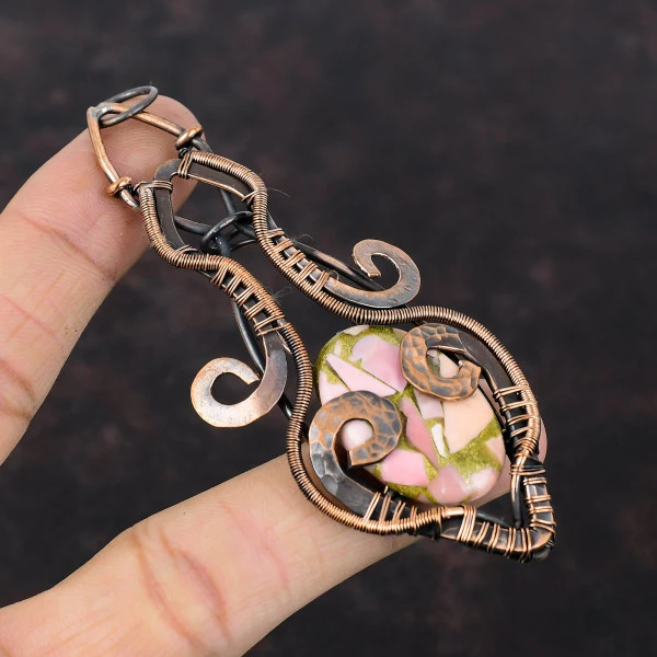 Copper Pink Opal Oval Pink Handmade Copper Wire Wrapped Pendant