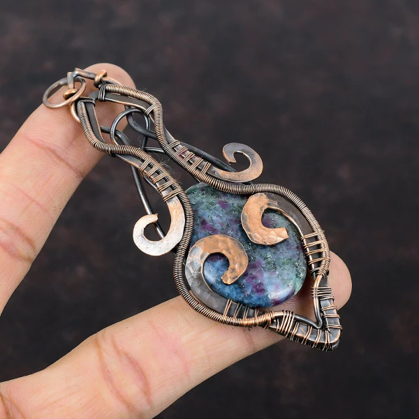 Ruby In Blue Kyanite Oval Blue Handmade Copper Wire Wrapped Pendant