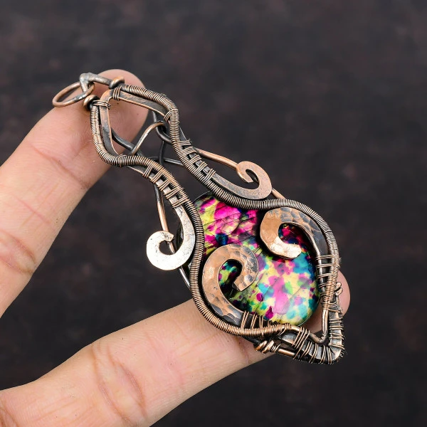 Multi Fire Labradorite Oval Pink Handmade Copper Wire Wrapped Pendant