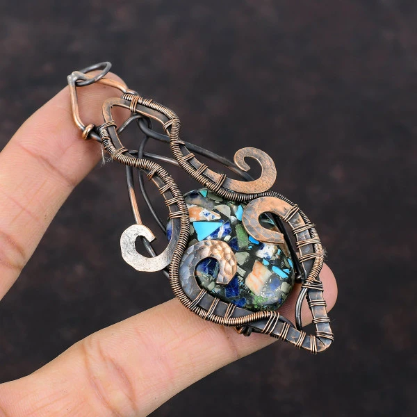 Copper Multi Turquoise Oval Blue Handmade Copper Wire Wrapped Pendant